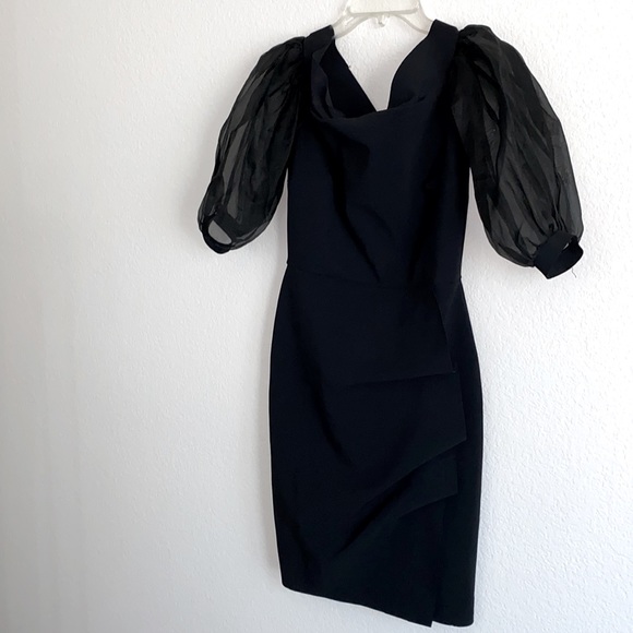 La Petite Robe di Chiara Boni Cocktail Midi Dress Black Ruched Ruff Sleeve Sz 42 - Picture 3 of 15